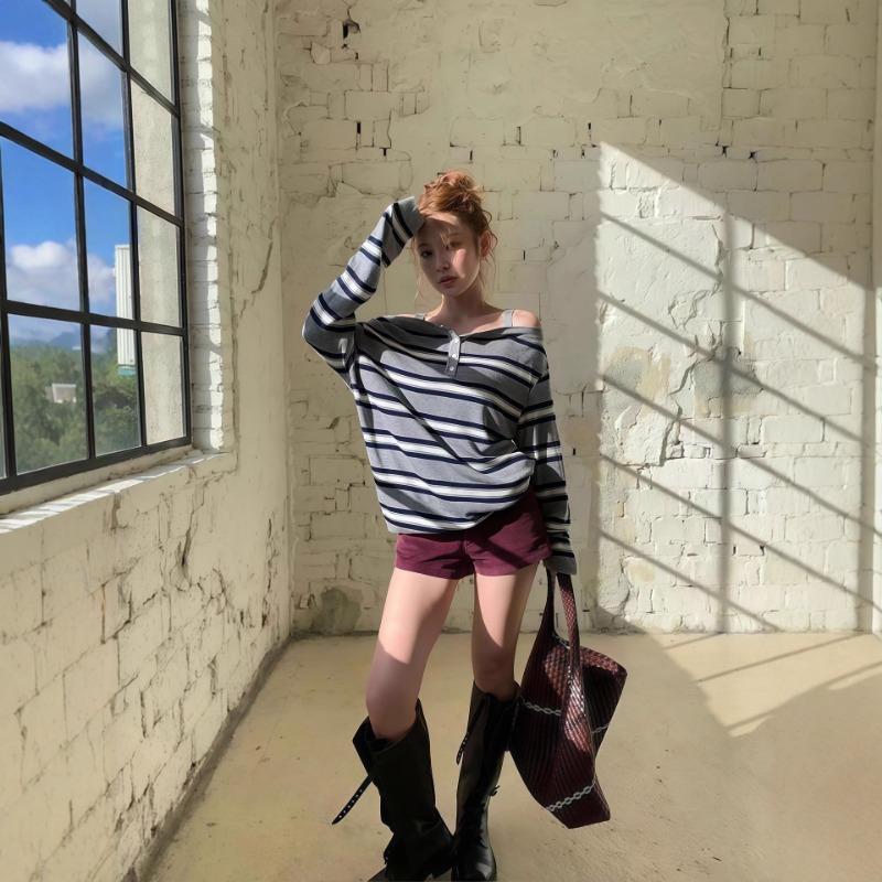 Autumn New Striped Shoulder Strap Off-shoulder One-shoulder Slim Long-sleeved Top Autumn Versatile Women's Clothing Trend