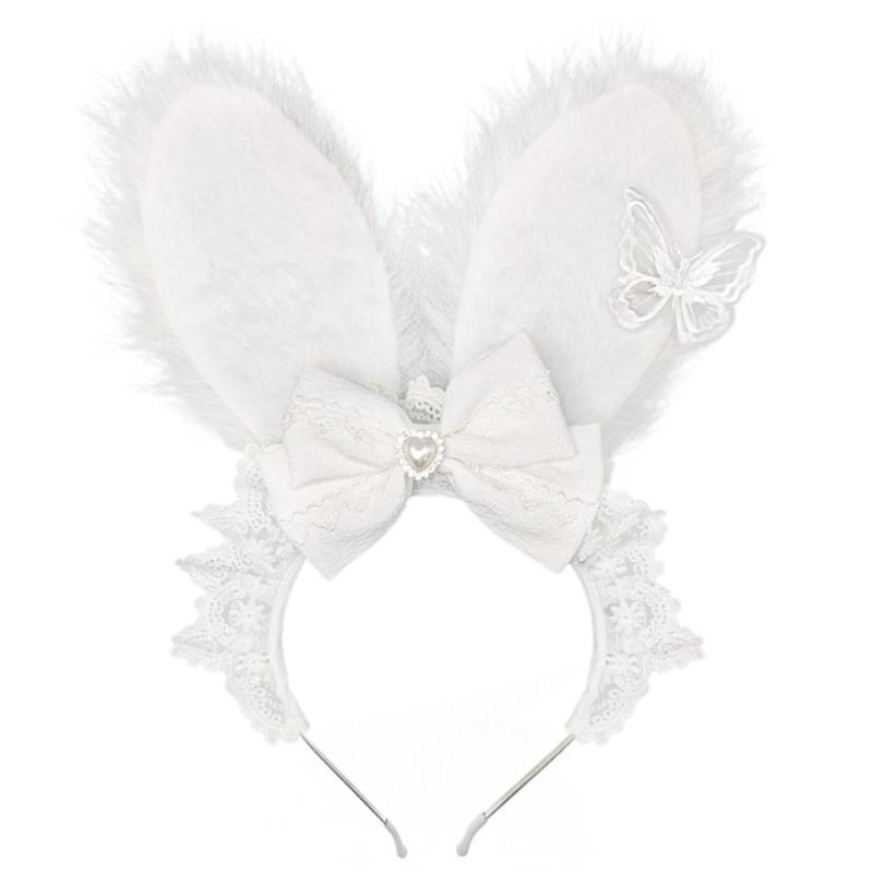 

Plush Sweet Rabbit Ears Headband With Elegant Lace And Bowknot Detachable For Cosplay Party And Daily Wear белый