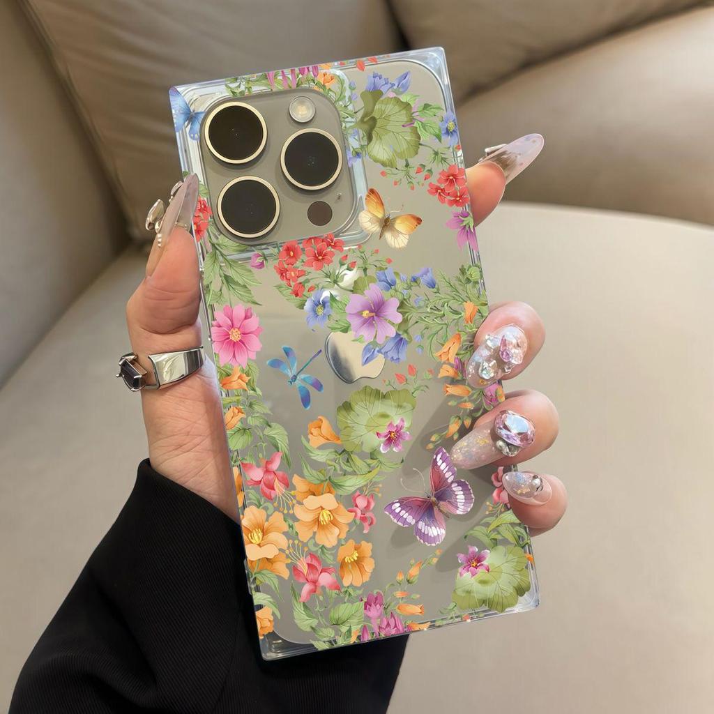 Clear Square Back Tube Case Protection For iPhone 15 Plus 14 Pro Max 13 16 ProMax 11 12 Anti-Oxygen,Flower Butterfly Pattern Casing