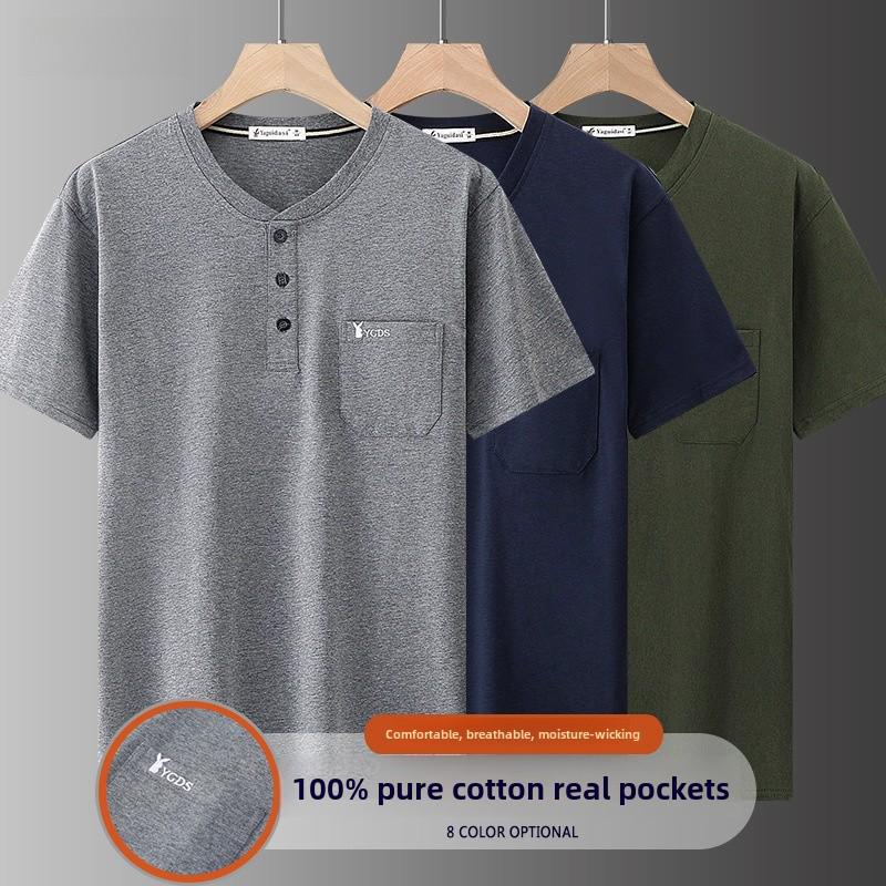Dad's Monk Collar Short-Sleeve Cotton T-Shirt with Pockets - Loose Fit for Middle-Aged Men, Perfect for Summer