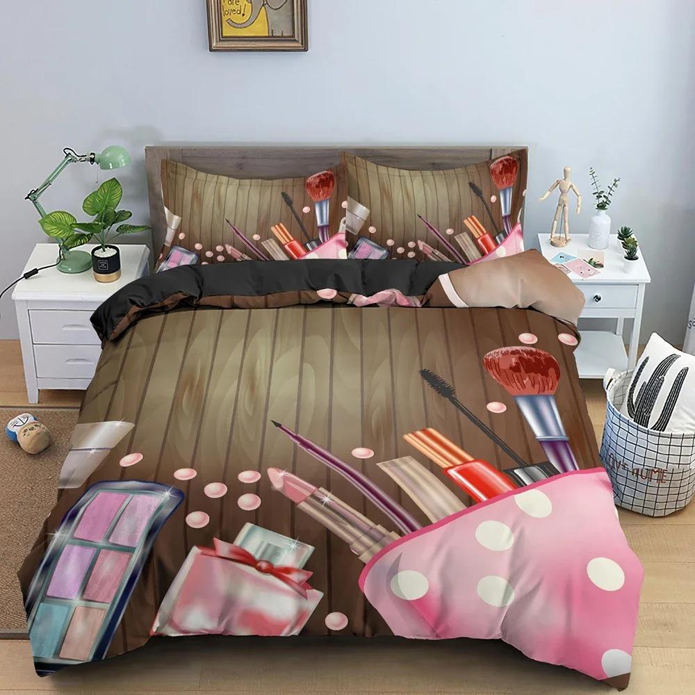 Fashion Women's Cosmetics Bedding Set Girl's Bedroom Duvet Cover Set King Queen Twin Size Luxury Bedclothes Home Decor