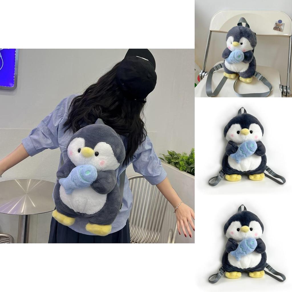 Cartoon Penguin Plush Backpack For Girls With Soft Faux Fur And Zip Closure
