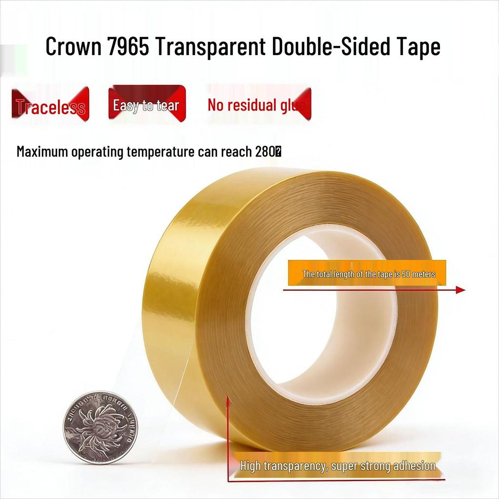 Crown 7965 Transparent PET Double-Sided Tape - Strong Adhesive, High Temp Resistant, Waterproof, Traceless, Ideal for Electronics.
