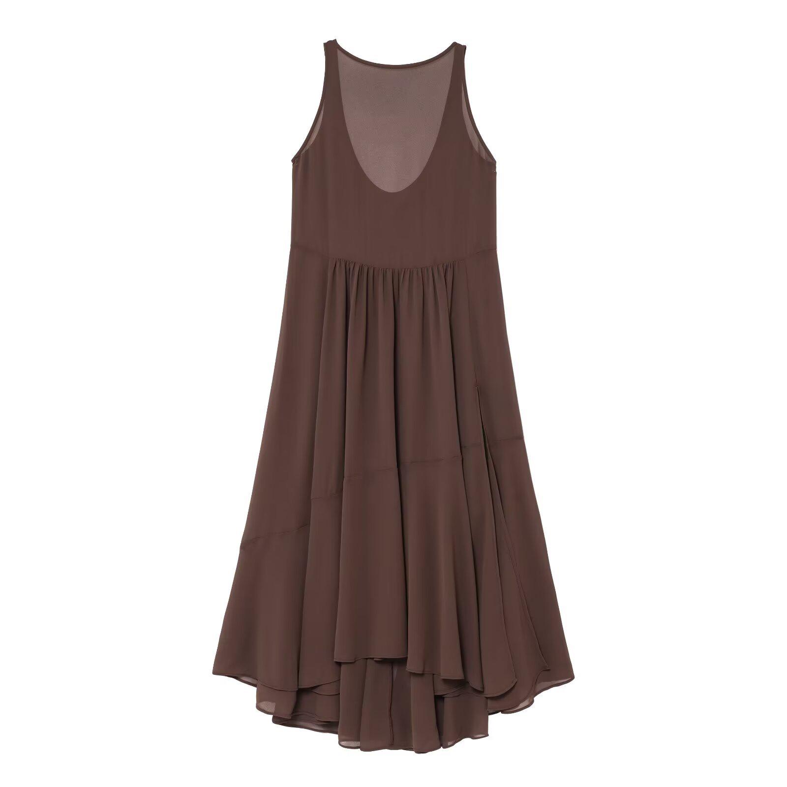 

2025 Европейский и Американский Стиль Без Рукавов С Открытой Спиной Шифоновое Длинное Платье - Вдохновленная Францией Весенняя Мода L кофейный