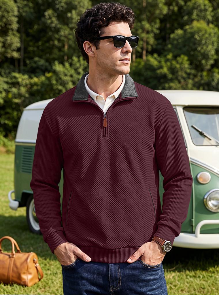 Men's Textured Jacquard Stand Collar Pullover Zip Pocket Casual Sweatshirt