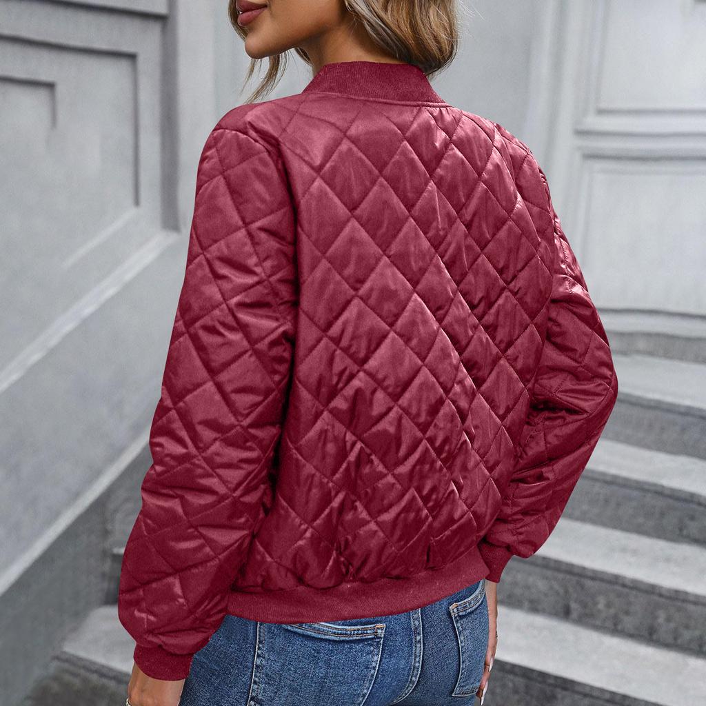 Ladies Zipper Long Sleeve Stand Collar Check Slim Baseball Padded Top Blouse Jacket Coat