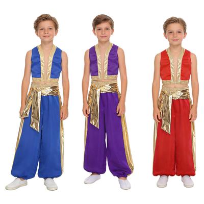 Costume Cosplay Prince Arabe pour Garçons Gilet Lâche Patchwork Métallique Brillant Pantalons Bouffants Harem Ensemble