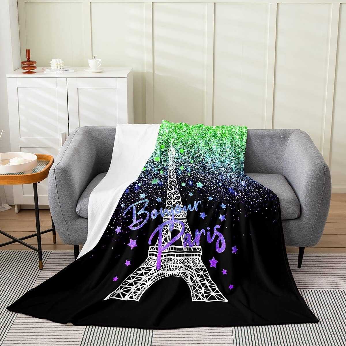 Glitter Print Eiffel Tower Plush Throw Blanket Teal Blue All Season Bed Blanket Paris Flannel Fleece Throw x Inches 40x50in