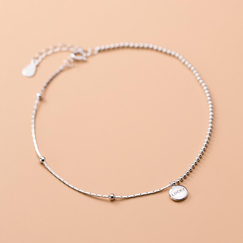 Fashion Simple 925 Sterling Silver Snake Chain Round Lucky Letter Charm Anklet Foot Jewelry for Women Girls