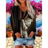 Naughty Kitten Print T-shirt Fashionable Spring and Autumn Women's V-neck Top New Long-sleeved Pullover