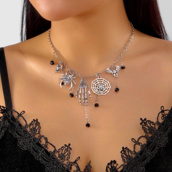 Funny Halloween Necklace For Women Inlaid Zircon Pumpkin Spider Web Ghost Black Cat Skeleton Pendant Choker Festival Jewelry