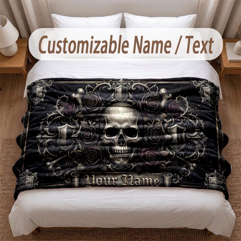 Skull Gothic Theme Soft Blanket Personalized Custom Name Text Print Warm Blanket Home Sofa Bedroom Decor