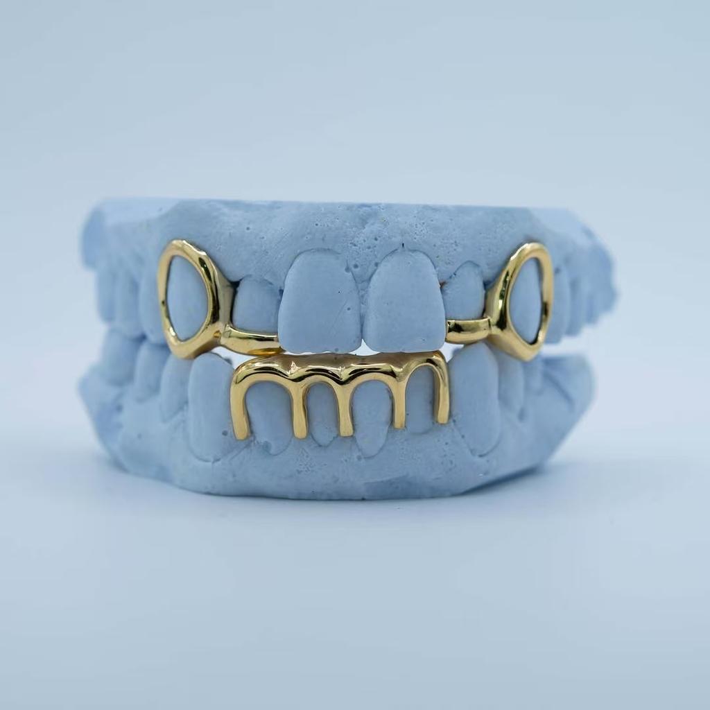 S925 Sterling Silver Open Face Grillz Teeth Set Gold Plated Hip Hop Hollow Upper & Lower Tooth Grillz Jewelry