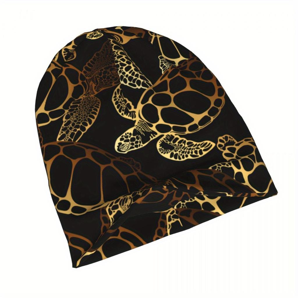 Biihudu Men'S Sea Turtle & Jellyfish Stretchy Beanie Hat - Lightweight Black & Golden Cartoon Marine Design, Hand Washable For C