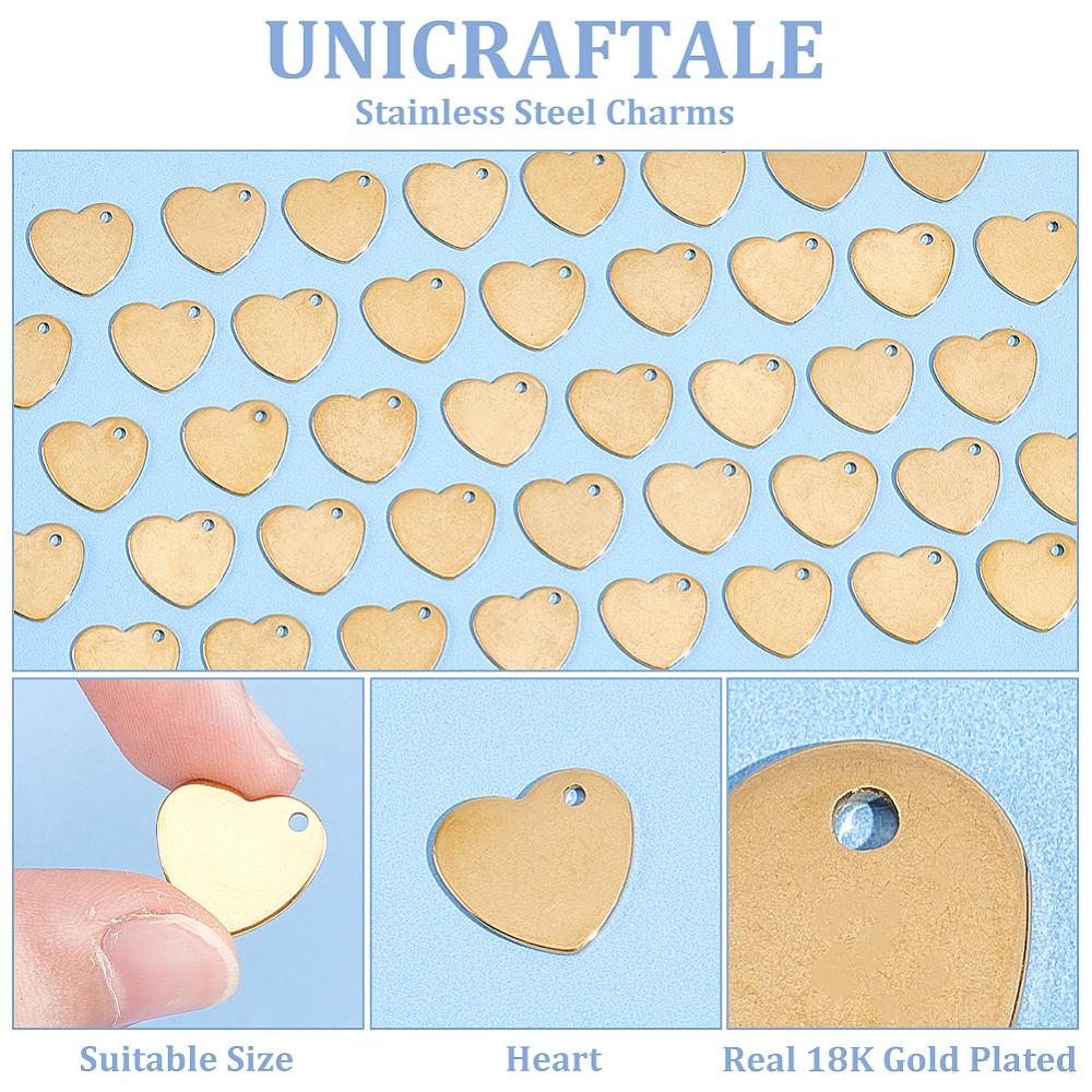 60Pcs Ion Plating(IP) 201 Stainless Steel Charms Heart Charms Real 18K Gold Plated 13.5x14x1mm Hole: 1.5mm