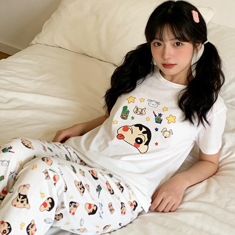 Summer Cool Soft Cute Cartoon Crayon Small New Pajamas Women's Round Neck Short-sleeved Trousers Set Skin-friendly Outer Loungewear