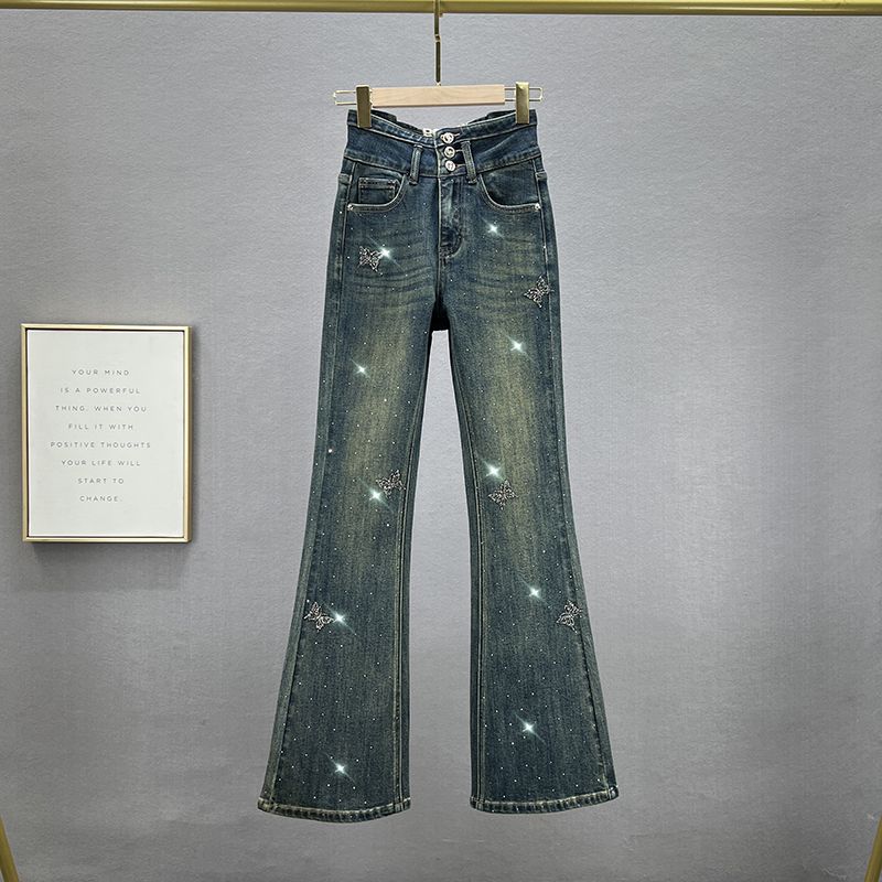 

Джинсовая ткань с высокой талией, европейские товары, горячая вышивка, слегка расклешенная, прилегающая Dark blue L