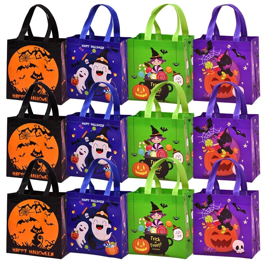 4pcs Halloween Theme Non-woven Cloth Gift Shopping Bag with Handle Reusable Pumpkin Bat Creative Trick or Treat Goodie Bags