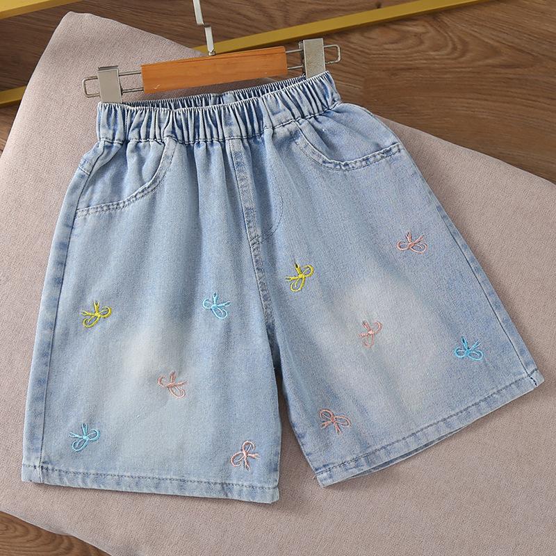 Girls' Pants Embroidered Bow Denim Shorts Women's Summer Shorts Design Sense Wide Leg Shorts