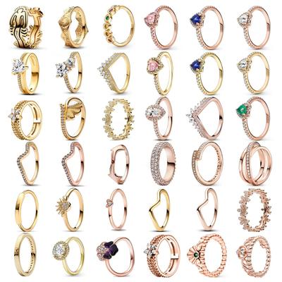 Nuovo Anello in Argento 925 Placcato Oro 2024 Zircone Scintillante Doppia Banda Cuore Anello da Dito Donna Anello Originale Pandor Gioielli Raffinati