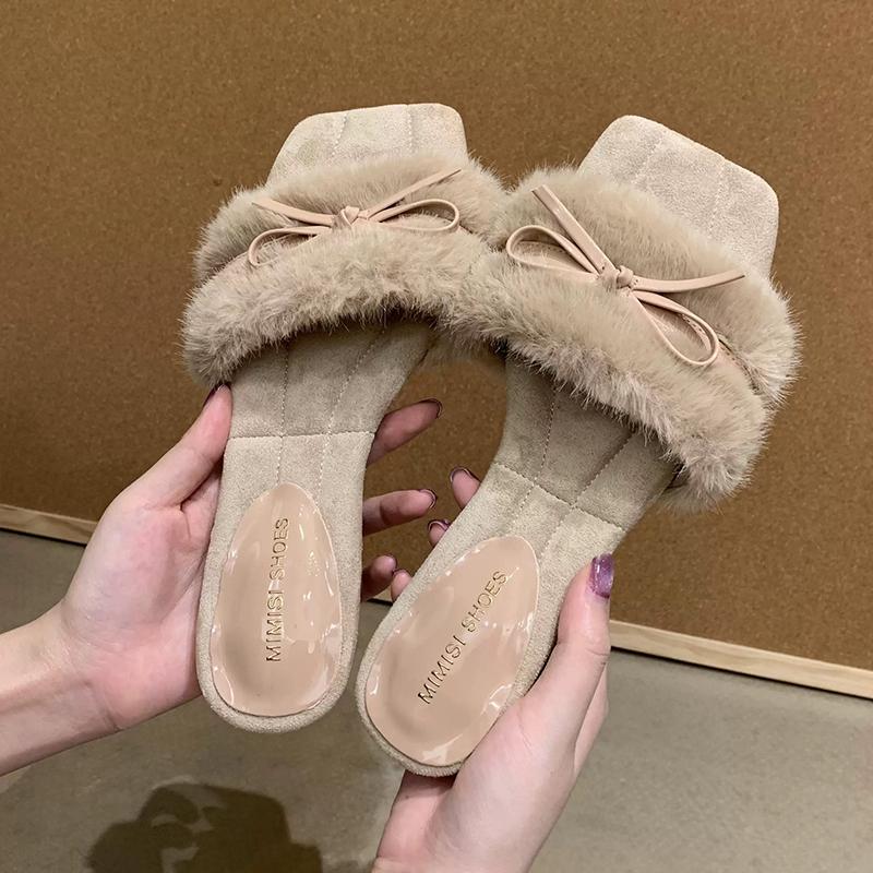 Fashion Bow Women Flats Slippers Fur Fashion Shoes Winter Short Plush Designer Cozy Woman Shoes 2025 Luxury New Dress Mujer De Boots