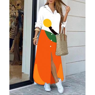 Women Print Dress Spring Casual Turn Down Collar Long Sleeve Long Shirt Dress