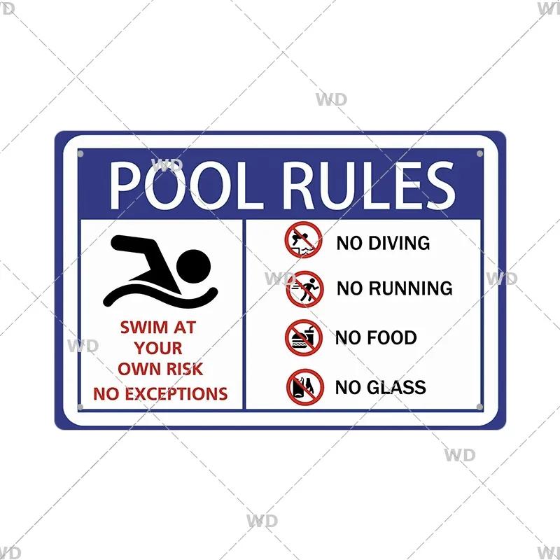 Tin Sign Pool Funny Rules Vintage Plaque Welcome Warning No Swimming Instruction Metal Sign For Home Pool Store Club Wall Decor