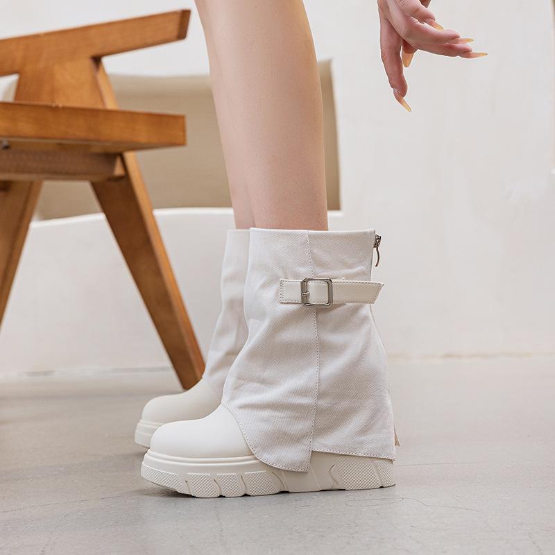 Thick-soled Inner Heightening Trouser Boots, New Women's Medium Tube Belt Buckle Short Boots In Autumn and Winter 2025, Solid Color Martin Boots