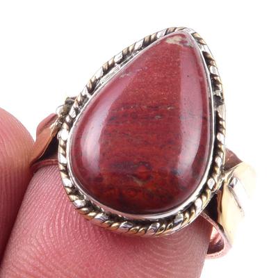 Natural Red Jasper Gemstone 925 Sterling Silver Jewelry Two Tone Ring S.7.5 o8Q26