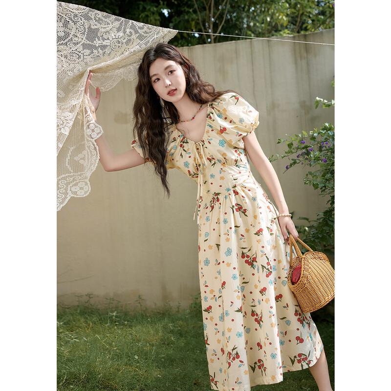 Women s French Floral V-Neck Maxi Dress L