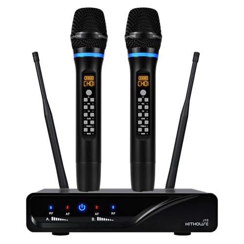 Kithouse UHF Wireless Microphone System, Metal Cordless Dual Microphone Set with Receiver Box and Volume Control, for Home Karaoke, Meetings, Parties,