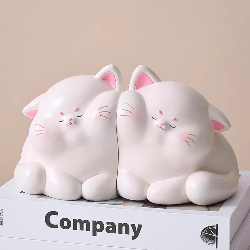 1pair/2pcs of super cute light luxury cream style cat face resin decorative bookends, heavy duty non slip bookends, for book magazine organization,
