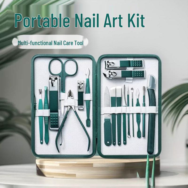 18-Piece Dark Green Manicure Set: Portable Nail Clippers & Scissors