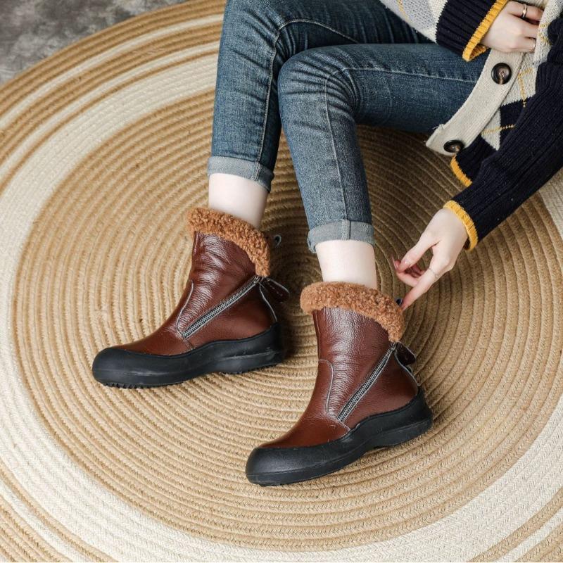 New Autumn and Winter Medium Tube Warm Velvet Thickened Leather Women's Boots Non-slip Soft Bottom Comfortable Breathable Side Zipper