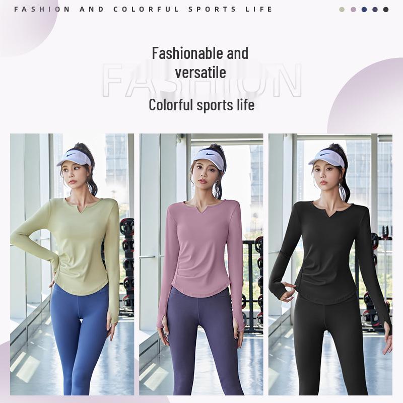 Juyi Hall Solid V-Neck Ruched Long Sleeve Women's Bodycon Yoga Top