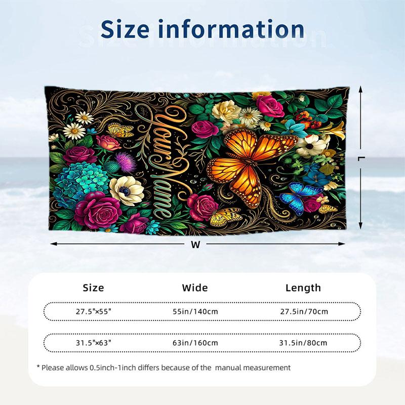 Floral Fantasy Butterflies 1 Theme Quick Dry Beach Towel Custom Name Text Print Large Sand Resistant Towel Beach Vacation