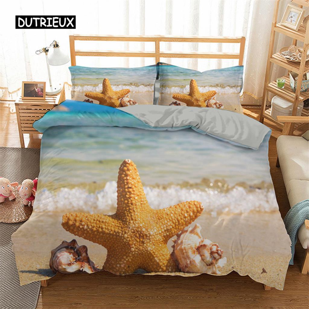 Starfish Duvet Cover Set Summer Beach Seashell Starfish Twin Bedding Set Polyester Hawaiian Tropical Nature Sea King Quilt Cover