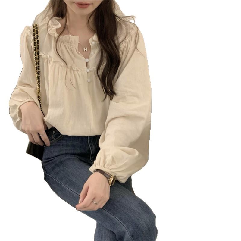 2025 Retro French Bubble Sleeve Ruffle Shirt for Women
