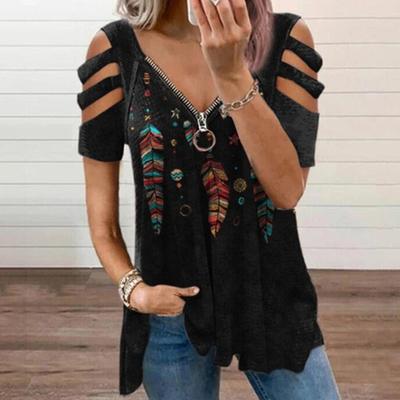 Damen-T-Shirt mit V-Ausschnitt und Reißverschluss, bedruckt, kurzärmelig, lockeres Damen-Top