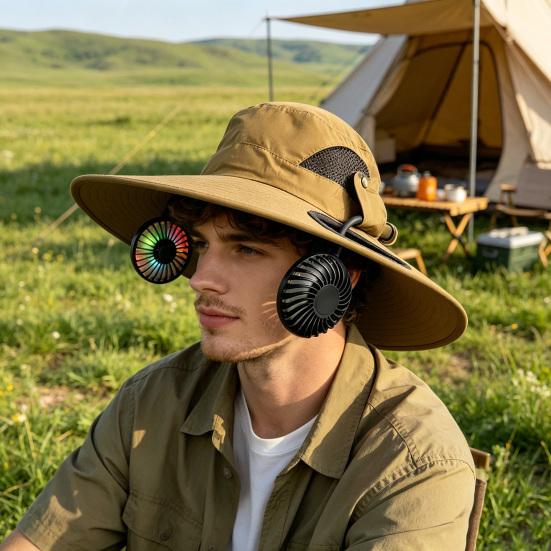 Chapeau Bob Double Ventilateur 2-en-1 Casquette Rafraîchissante avec Ventilateurs Amovibles Rechargeables par USB Pales Phosphorescentes Vitesse Réglable Chapeau de Soleil à Large Bord