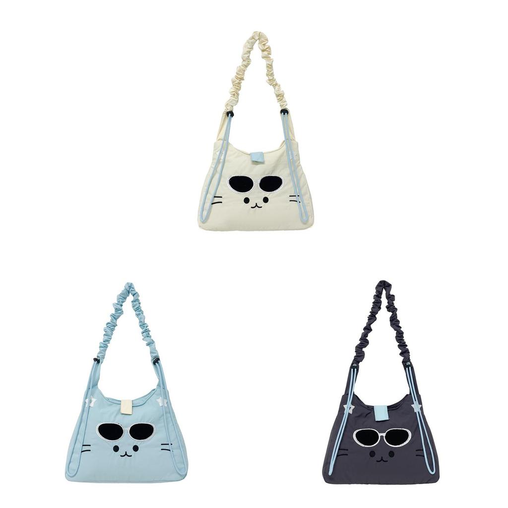 Korean Style Embroidered Cat Shoulder Bag With Nylon Material For Casual Daily Use