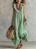 Specially for Bohemian Striped Ruffle Edge V-neck Sleeveless Long Skirt, Holiday Style Loose Swing