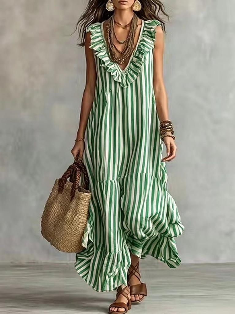 Specially for Bohemian Striped Ruffle Edge V-neck Sleeveless Long Skirt, Holiday Style Loose Swing