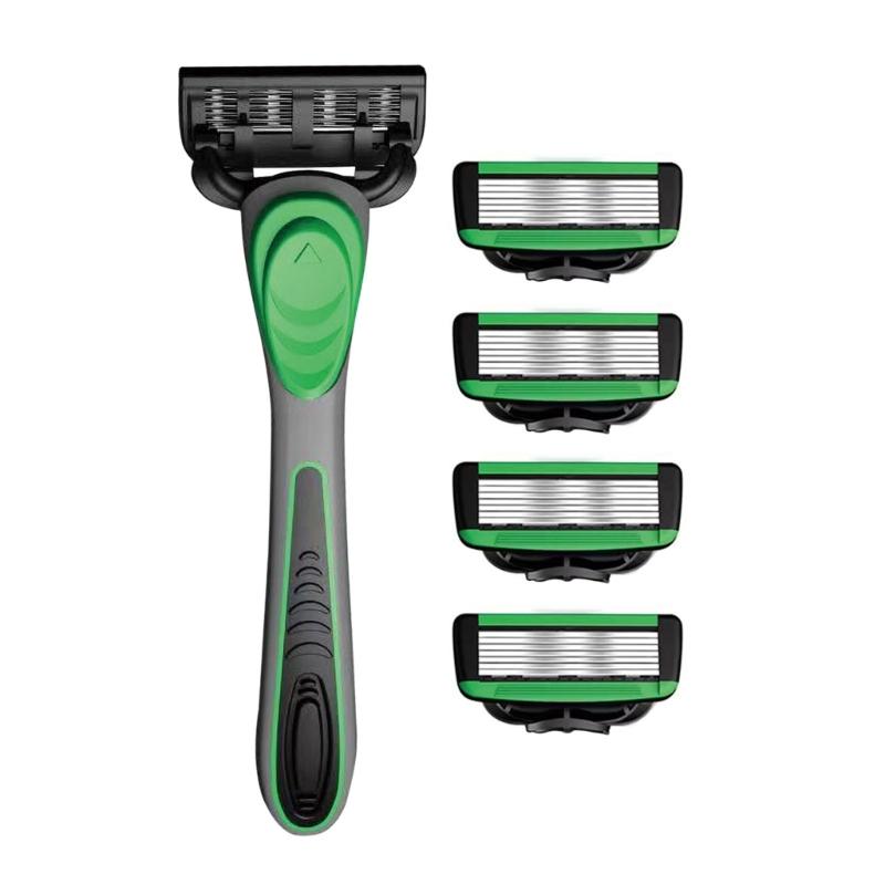 

Efficient Wet Shaving Kit for Men 7 Layer Blading Hand Shaver with Comfortable Rubber Handle and 5 Replacement Blading зелений