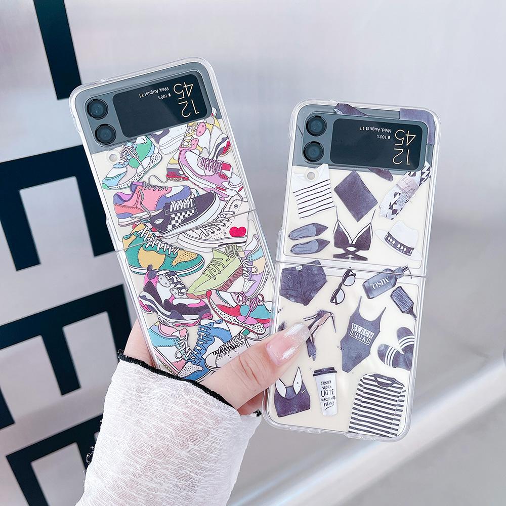 For Samsung Galaxy Z Flip 4 3 Flip4 Flip3 Case Trend Fashion Label Pattern Painted Transparent Shockproof Folding Hard Back Case