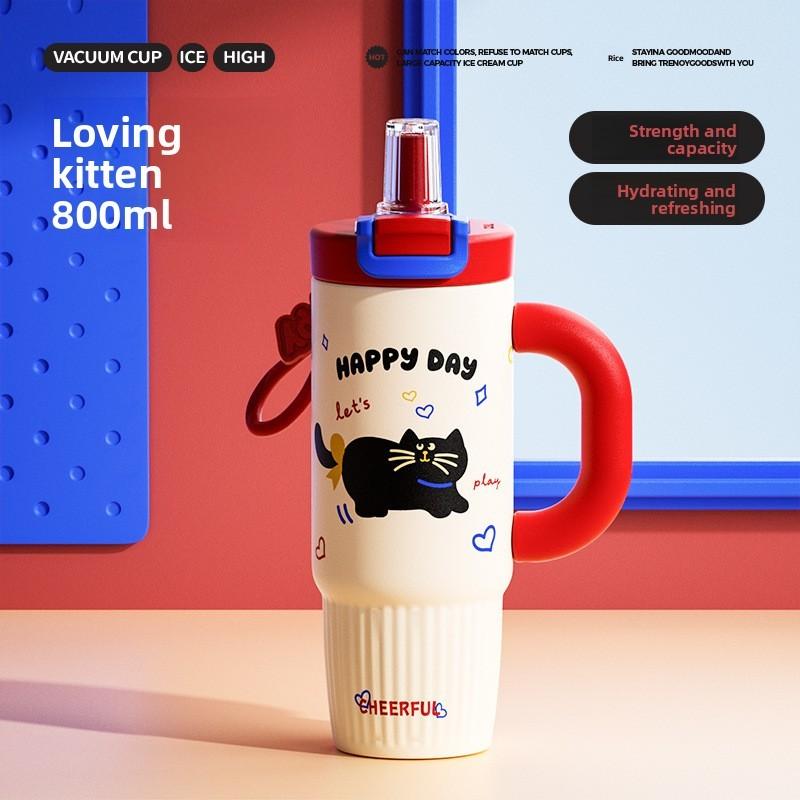 Cute Cat Pattern Stainless Steel Thermos Flask For Girls With Large Capacity And Leakproof Lid