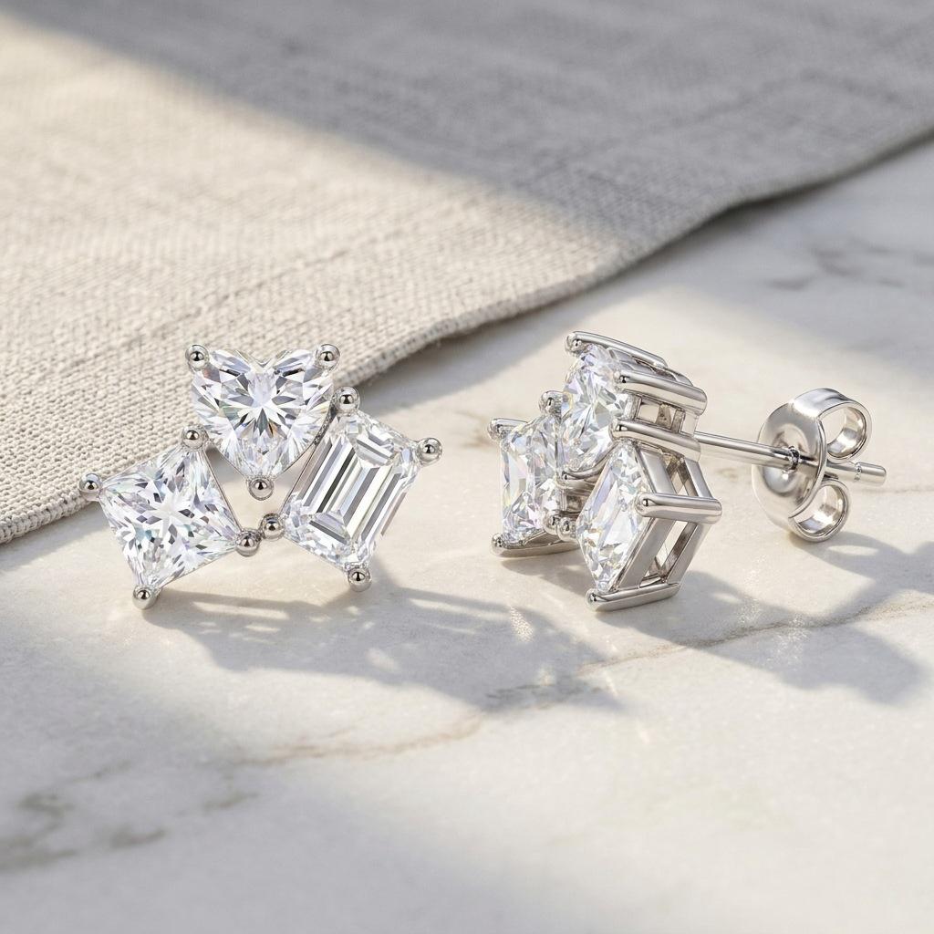 D Color Moissanite Heart-Shaped Geometric S925 Sterling Silver Stud Earrings