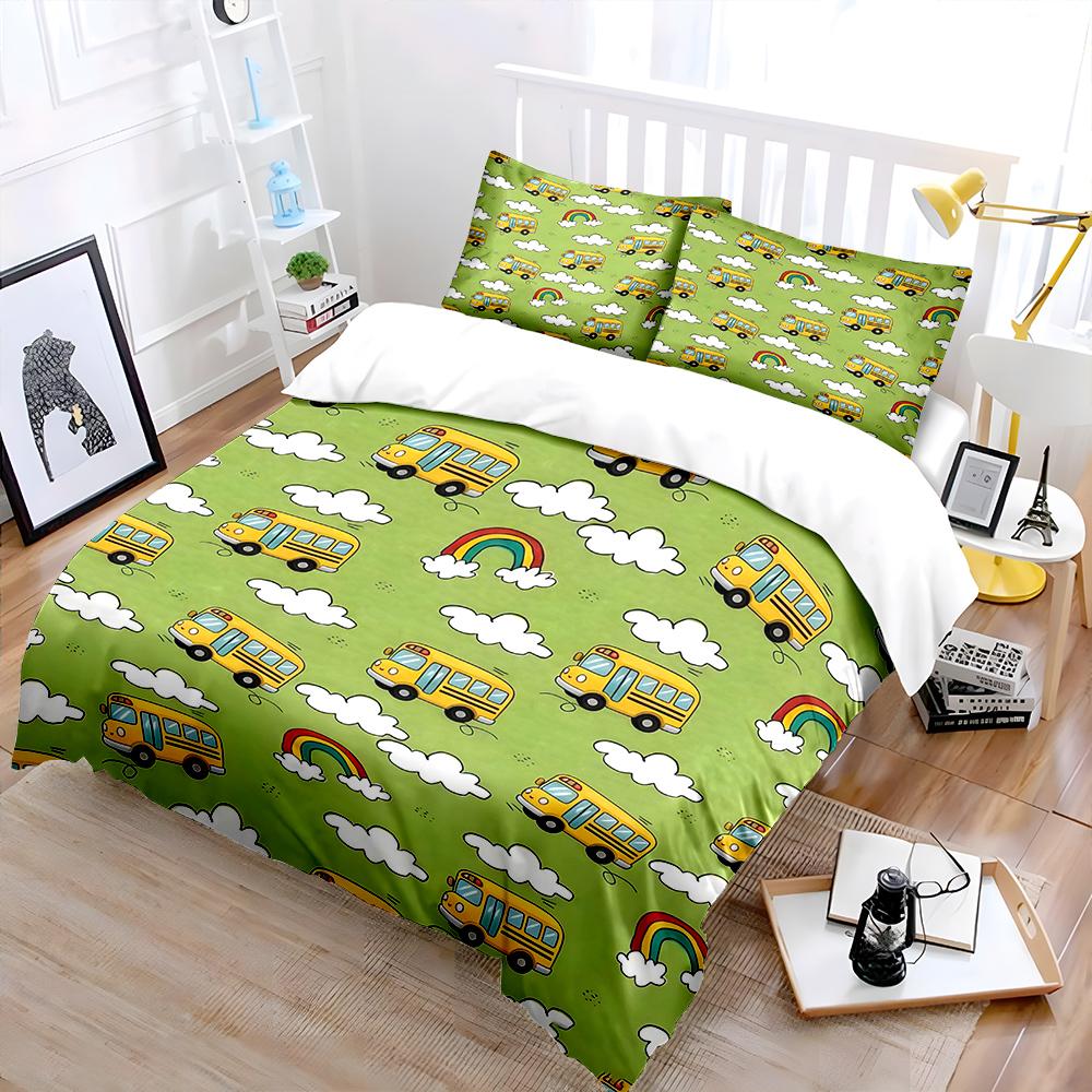 Yellow School Buses Clouds Rainbows Print Bedding Set 1 Duvet Cover 2 Pillowcases For Adult And Children Luxury Gift Full Size