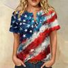 Damen Henley-Shirt mit kurzen Ärmeln und Fronttasche aus Baumwoll-Leinen-Mischgewebe Patriotischer Print Sommerliches Freizeit-Oberteil