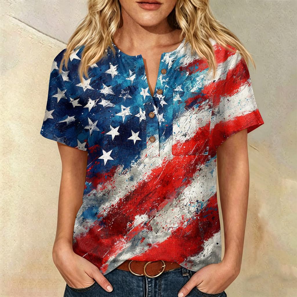 Damen Henley-Shirt mit kurzen Ärmeln und Fronttasche aus Baumwoll-Leinen-Mischgewebe Patriotischer Print Sommerliches Freizeit-Oberteil